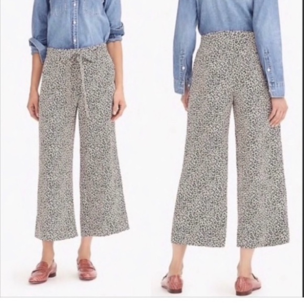 J Crew Silk Leopard Wide Leg Pants Tie Waist Crop 2